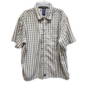 B.U.M. Equipment Mens XL Short Sleeve Button Up Shirt Gray Beige Plaid Polyester